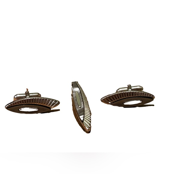 Vintage 1950s Anson Silver Toned Tie Bar & Cuff Link Set w/Mother of Pearl Inlay - Picture 1 of 6